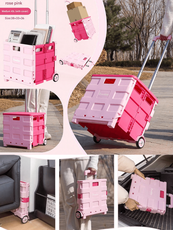1pc Collapsible Utility Cart With Lid - Portable Rolling Crate Handcart, 4-Wheel Trolley, Stair-Climbing, Aluminum Alloy & PP, For Camping, Grocery, Shopping, Office, Storage