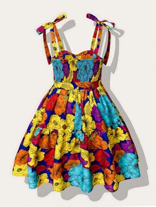 Women's Plus Size Easter Dress Spring Colorful Floral Tie-Up Puff Dress - Color - View 5