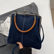 Women's Denim Handbag With Kiss Lock Clasp Vintage Coin Purses Bag For Outdoor Portable Beach Wedding - Dark Wash - View 2