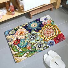 1 件彩色波西米亚花卉印花地毯，柔软、防滑、防水、可机洗，适用于客厅、厨房、卧室、洗衣房、室内和室外使用，涤纶、防污、矩形、家居装饰 - 彩色 - 查看 4