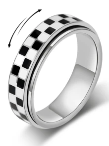 Anello antistress con motivo a scacchi per adulti - Anello girevole in acciaio inossidabile placcato oro 18K, regalo antiansia e antistress per donne/uomini (motivo nero e bianco)