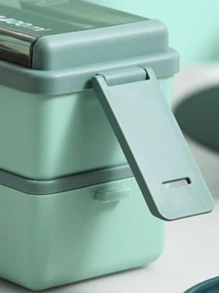 1 pezzo Scatola bento in plastica a doppio strato verde (con cucchiaio e forchetta) con scomparti multipli, adatta per microonde, regalo di Natale per studenti, lavoratori d'ufficio, mamme e papà, scatola termica portatile per il pranzo