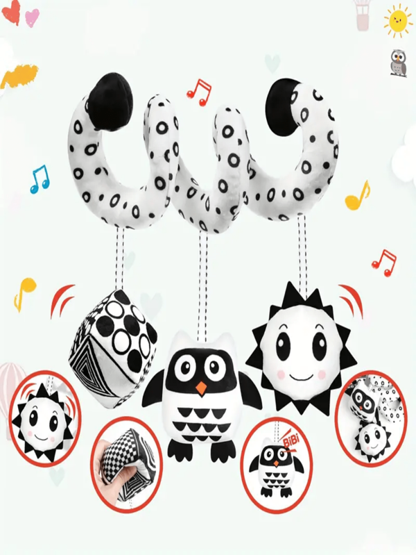 Usatdd[Random Strap Color]1pc Baby Spiral Hanging Toys For Strollers And Car Seats In Black And White High Contrast, Plush Activity Toys ForAnd Baby Carriers, Perfect Gifts For Newborns