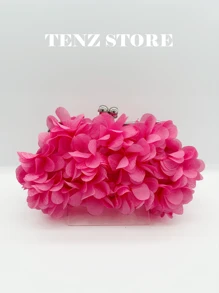 Elegant Hot Pink Floral Petal Satin Evening Clutch Bag – Double Chain Design, Handheld & Crossbody, Perfect For Prom, Spring Weddings, Parties, Cocktail Events, Vacation Looks, Graduation, Gender Reveal Party And Formal Occasions