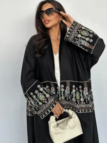 Customized High-End Embroidered Dubai Abaya, Black Open Cardigan Loose Long Robe For Women, Modest Kaftan - Black - View 4