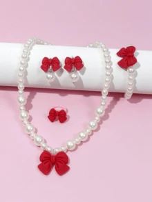 5 件/套女孩可爱珍珠蝴蝶结项链手链耳环戒指首饰套装，简约百搭 - 彩色 - 查看 2