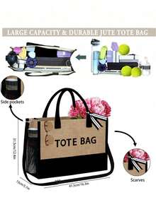 1 Set Beach Tote Bag For Women, Canvas Bag For Beach Accessories, Suitable For Wedding, Birthday, Holiday, Is A Great Gift For Women, Mom, Teachers, Friends, Bridesmaids,Student,Back To School,Large Bag, Travel Handbag For Holiday Vacation Weekend Getaway Short Trip,Personalized Birthday Gifts Present For Friend Her, With Scarf - Khaki - View 11