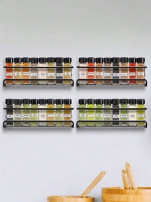 Black/Silver Metal Spice Rack, No Drill Mark Wall Mount Or Screw Installation, Space Saving Spice Jar Holder, For Cabinet Door/Wall Storage Of Herbs And Spices, Sturdy And Durable, Holds 6-8 Spice Jars, Up To 10kg Load, Great For Kitchen, Bathroom, Christmas, Easter