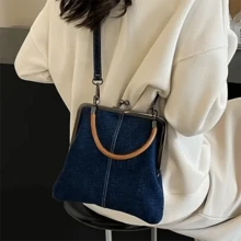 Women's Denim Handbag With Kiss Lock Clasp Vintage Coin Purses Bag For Outdoor Portable Beach Wedding - Dark Wash - View 4