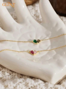 定制心形诞生石手链、个性化双诞生石手链、极简主义诞生石手链、伴娘礼物、母亲节礼物、婚礼的完美之选、独特的女士珠宝、圣诞节生日礼物、送给她的礼物、母亲节、情人节、复活节、日常佩戴、生日、派对的最佳礼物 - 彩色 - 查看 3