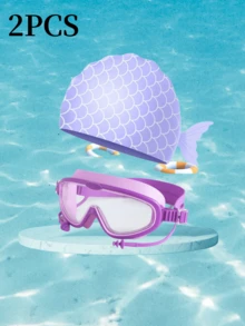 2pcs Kids Mermaid Swimming Cap And Goggles Set, Suitable For 3-8 Years Old - Multicolor - View 2