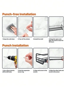 Black/Silver Metal Spice Rack, No Drill Mark Wall Mount Or Screw Installation, Space Saving Spice Jar Holder, For Cabinet Door/Wall Storage Of Herbs And Spices, Sturdy And Durable, Holds 6-8 Spice Jars, Up To 10kg Load, Great For Kitchen, Bathroom, Christmas, Easter