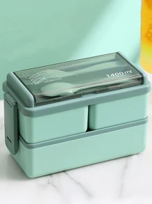 1 pezzo Scatola bento in plastica a doppio strato verde (con cucchiaio e forchetta) con scomparti multipli, adatta per microonde, regalo di Natale per studenti, lavoratori d'ufficio, mamme e papà, scatola termica portatile per il pranzo