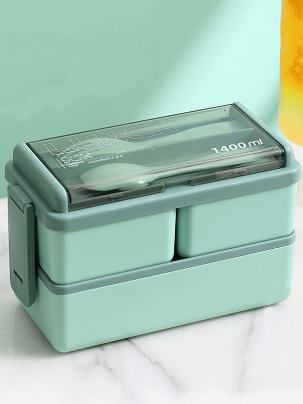 1 pezzo Scatola bento in plastica verde a doppio strato (con cucchiaio e forchetta inclusi), con scomparti multipli, adatta al microonde, un regalo di Natale pratico per studenti, lavoratori d'ufficio, mamme e papà, scatola per il pranzo portatile e isolata