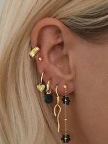 6 pièces/Set Boucles d'oreilles et pendentif élégants avec motif floral en zircone noire, convient aux femmes pour le rendez-vous, la fête et les trajets quotidiens - Or jaune - Voir 1
