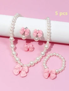 5 件/套女孩可爱珍珠蝴蝶结项链手链耳环戒指首饰套装，简约百搭 - 彩色 - 查看 11