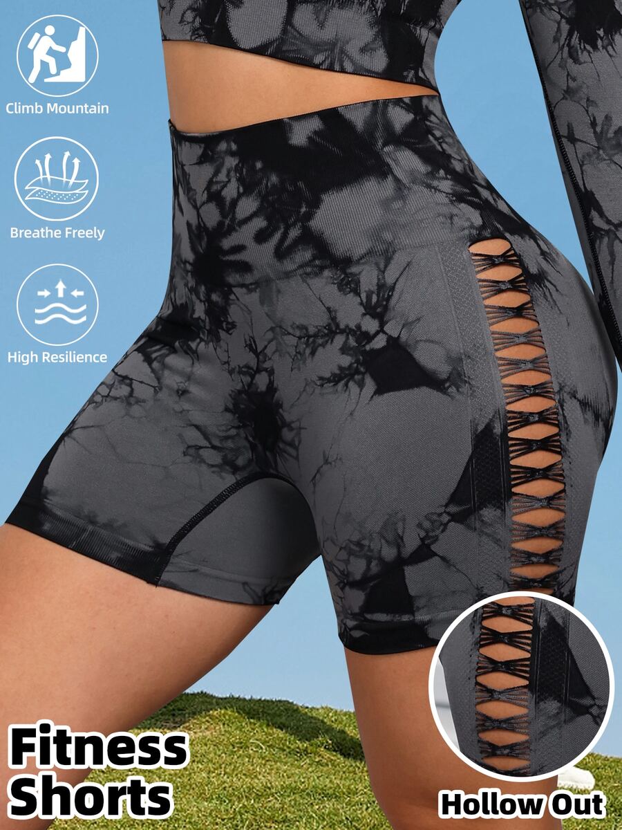 【抢先上市】春夏扎染侧镂空户外健身短裤，无缝高腰提臀运动修身短裤