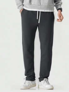 Blueplus Simple Style Drawstring Casual Pants, Breathable Fabric, Straight Trouser Legs, Comfortable And Loose, Suitable For Outdoor Sports And Fitness Or Home Wear In Spring, Summer And Autumn - Màu xám đen - Xem 1