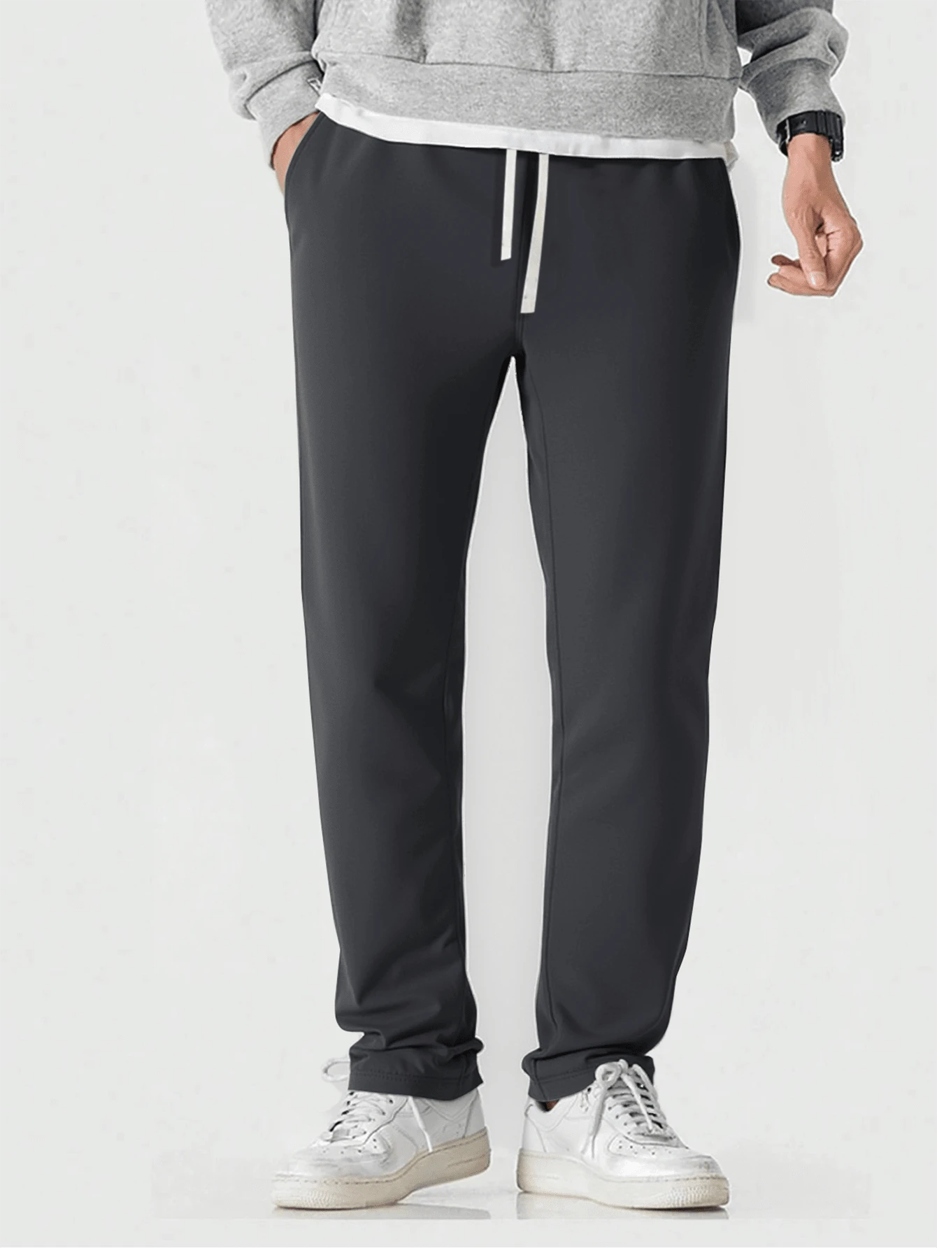 Blueplus Simple Style Drawstring Casual Pants, Breathable Fabric, Straight Trouser Legs, Comfortable And Loose, Suitable For Outdoor Sports And Fitness Or Home Wear In Spring, Summer And Autumn - Màu xám đen - Xem 1