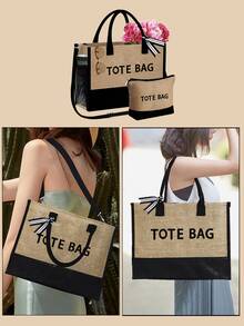 1 Set Beach Tote Bag For Women, Canvas Bag For Beach Accessories, Suitable For Wedding, Birthday, Holiday, Is A Great Gift For Women, Mom, Teachers, Friends, Bridesmaids,Student,Back To School,Large Bag, Travel Handbag For Holiday Vacation Weekend Getaway Short Trip,Personalized Birthday Gifts Present For Friend Her, With Scarf - Khaki - View 2