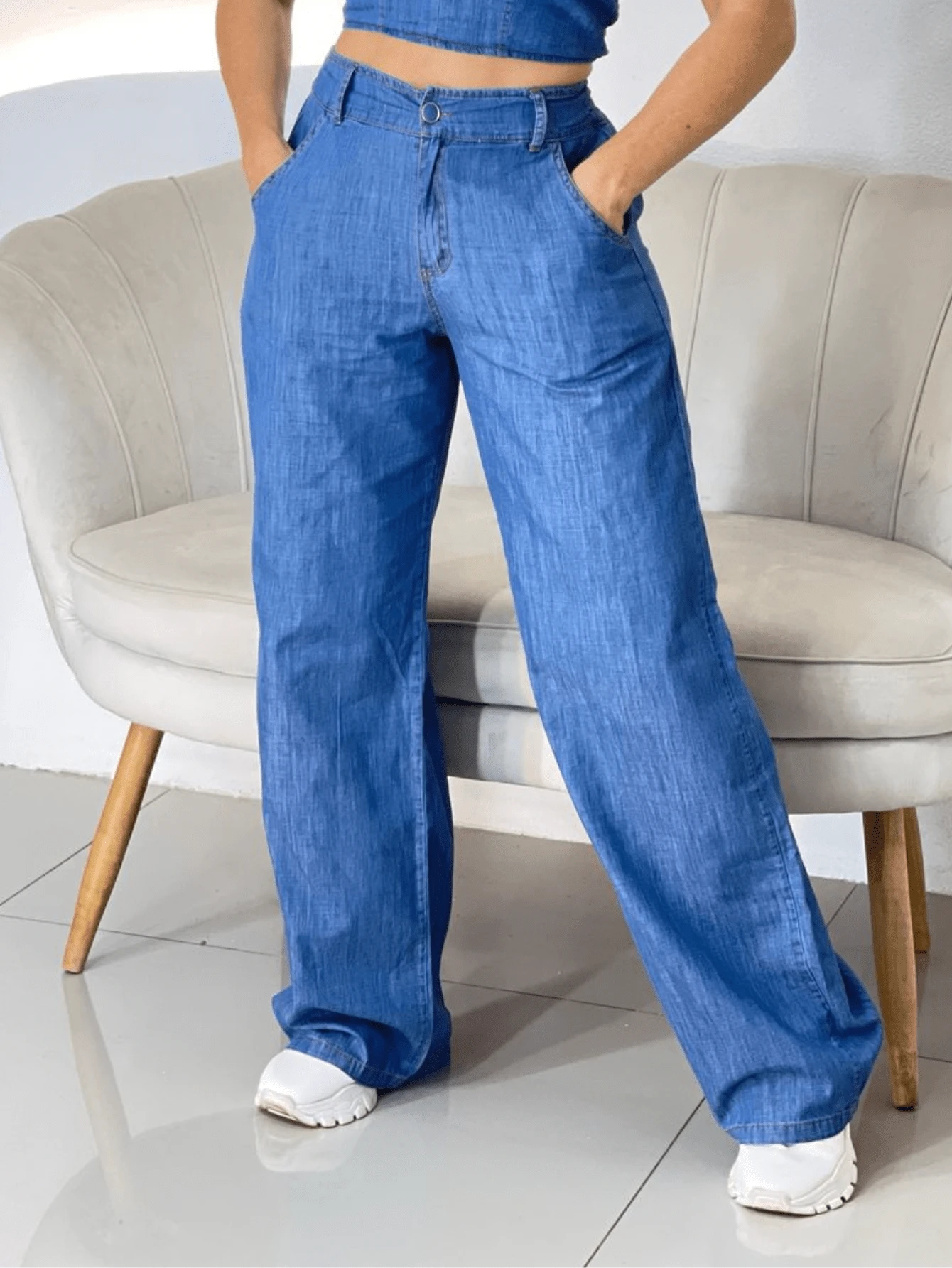 Wide Leg Jeans, Elastic Waist, Drawstring, Stylish, Lightweight - 藍色 - 查看 1