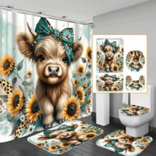 1/4pcs Flower & Cow Pattern Shower Curtain Set, Mother's Day Gift For Mothers, Home Spiritual Home Decor, Spring/Fall Decor, Holiday Decoration, Premium Bathroom Home Accessory, Waterproof, Machine Washable, 12 Hooks Included, Essential Bathroom Decor, Bathtub Divider And Easy To Clean Design For A Refreshing Bathroom Experience Bathroom Accessories Back To School - Multicolor - View 2