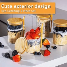 1 件带盖和勺子的玻璃食物分配器、带勺子的隔夜燕麦片罐、奇亚籽布丁沙拉玻璃罐、竹盖麦片咖啡粉面包发酵剂储存罐