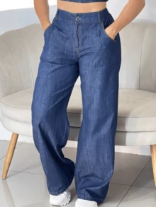 Wide Leg Jeans, Elastic Waist, Drawstring, Stylish, Lightweight - Navy Blue - View 3