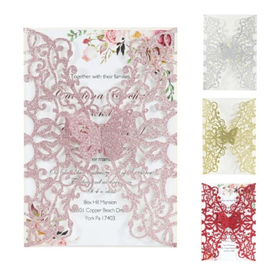 10 piezas Tarjetas de invitación de mariposa vintage, Invitaciones de boda, Tarjetas de felicitación de festivales, Tarjetas de papel con brillo dorado, Para decoraciones y suministros de boda, 15th cumpleaños, bautizo, fiesta de novia