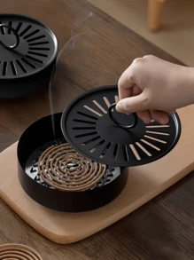 1 pièce Support de spirale anti-moustique en acier inoxydable avec couvercle, anti-brûlure, anti-incendie, support de plaque à encens anti-moustique, plateau de brûleur à encens d'intérieur