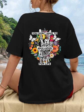 骷髅手和花卉印花落肩 T 恤图案 T 恤女式上衣