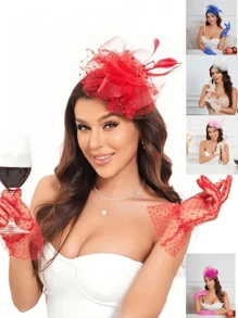 3pcs Fascinator With Lace Gloves Feather Tea Party Hat For Horse Racing Flower Kentucky Derby Hat For Women&Girls Mother's Day Gift.
