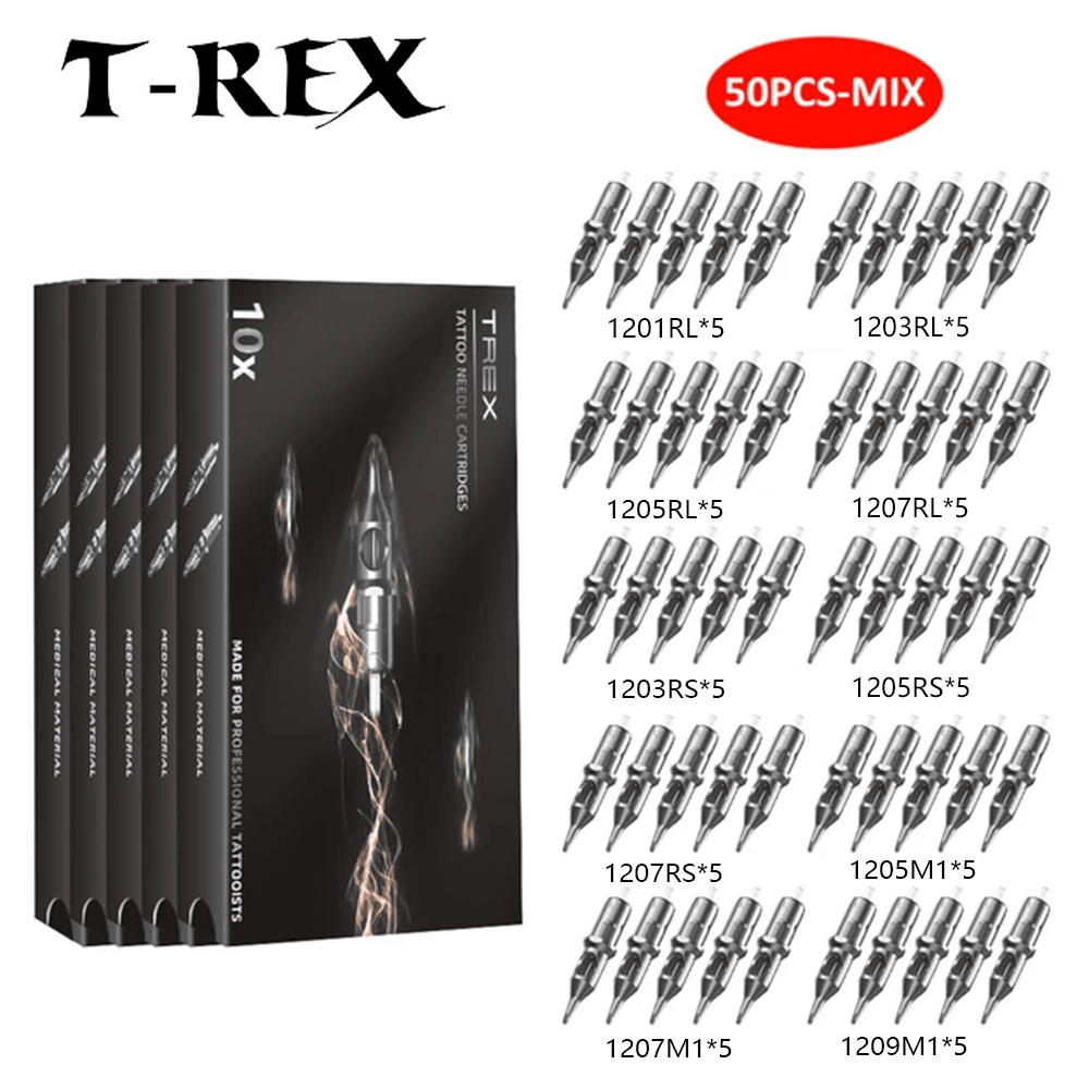 T-REX 100/50pcs Mixed Tattoo Ink Cartridge Needle Set - RL RS M1 Model Standard Round Serif Needle For Artists And Beginners, Precision Tip, Large Capacity Ink Storage, Skin-Friendly Design