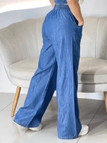 Wide Leg Jeans, Elastic Waist, Drawstring, Stylish, Lightweight - 藍色 - 查看 2