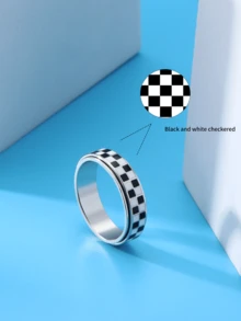 Anello antistress con motivo a scacchi per adulti - Anello girevole in acciaio inossidabile placcato oro 18K, regalo antiansia e antistress per donne/uomini (motivo nero e bianco)