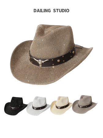 1 件女式铆钉牛头皮革点缀亮片装饰编织透气草帽，男女通用西部牛仔帽，适合春夏季，适合西部主题活动、聚会、派对、角色扮演、节日、音乐节、时尚百搭