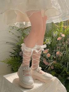 1 Pair Japanese Style Summer Crystal Polka Dot Frill Bow Thin Socks - White - View 3