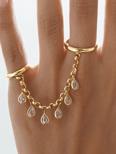 قطعة واحدة خاتم نسائي للإصبع بتصميم عصري مرصع بزركونيا نحاسي مع سلسلة شرابة ، مجوهرات نسائية للزفاف والحفلات ، هدية لموسم الزفاف