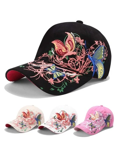 1pc Women's Solid Color Butterfly Embroidery Baseball Cap, Polyester Casual Versatile Sun Hat Suitable For Outdoor Activities And Daily Wear