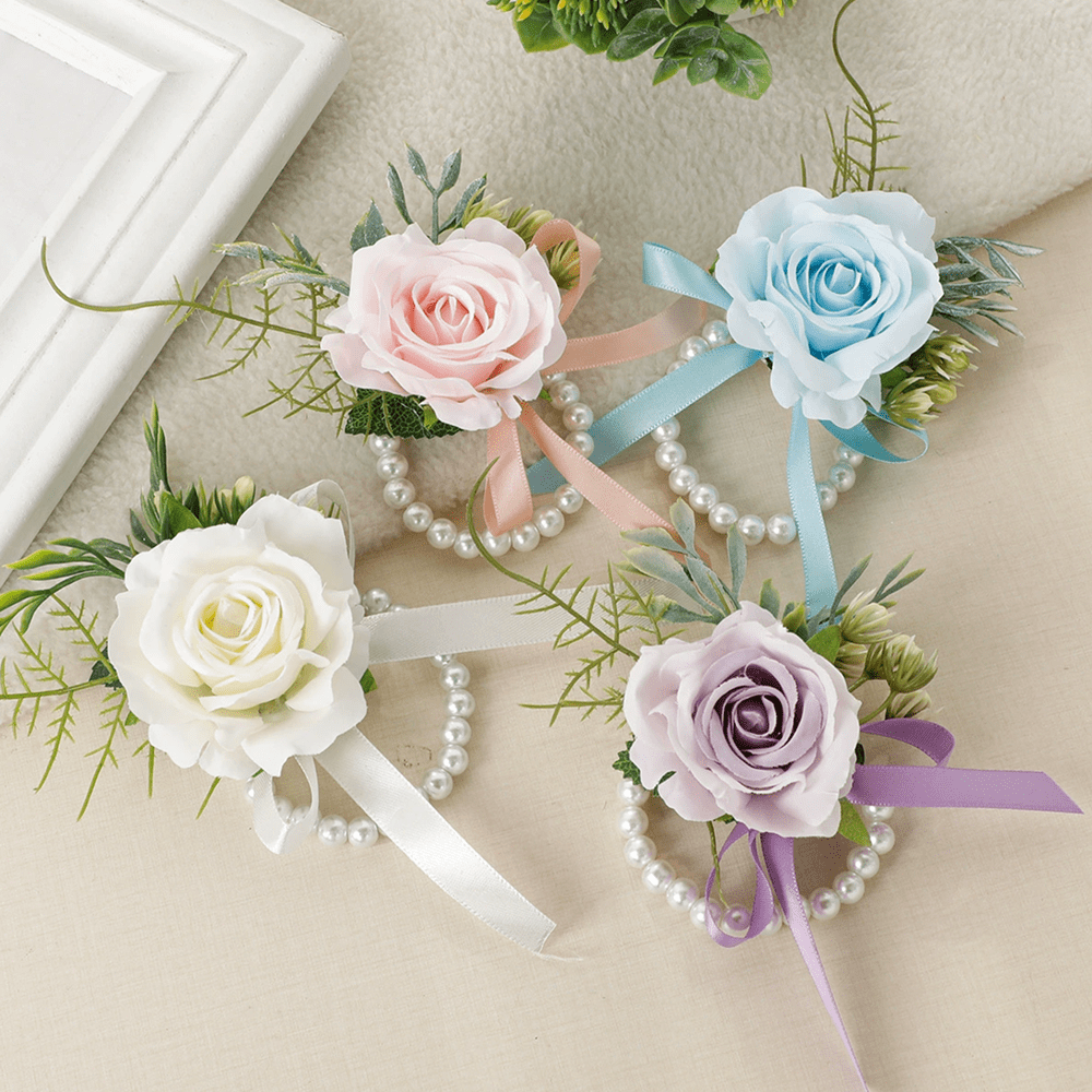1pc Artificial Rose Flower Wrist Corsage Decor, Handmade Pearl Bracelet Wedding Accessory For Brides And Bridesmaids