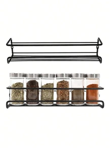 Black/Silver Metal Spice Rack, No Drill Mark Wall Mount Or Screw Installation, Space Saving Spice Jar Holder, For Cabinet Door/Wall Storage Of Herbs And Spices, Sturdy And Durable, Holds 6-8 Spice Jars, Up To 10kg Load, Great For Kitchen, Bathroom, Christmas, Easter