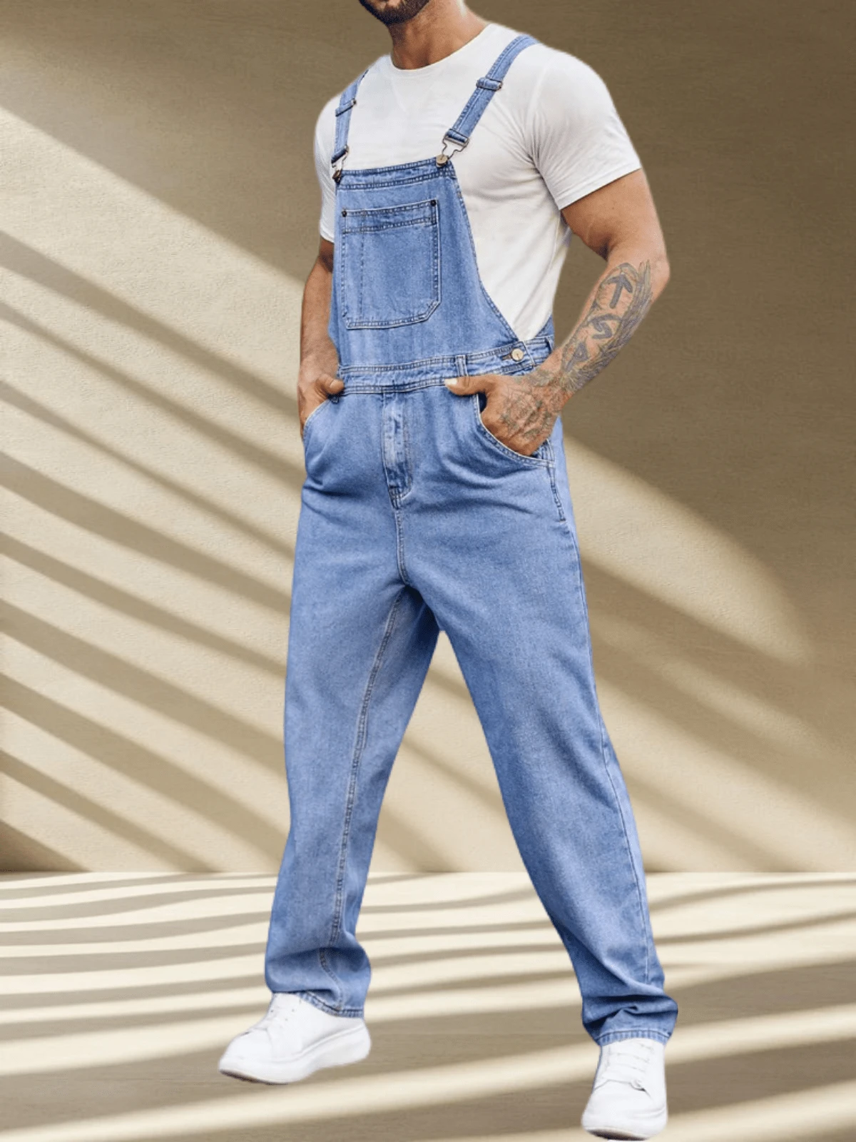 Runcati Men's Denim Bib Overalls Jeans Fashion Boot Cut Trousers Casual Slim Fit Adjustable Straps Jumpsuit - 藍色 - 查看 1