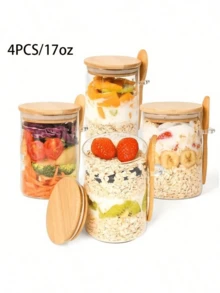 1 件带盖和勺子的玻璃食物分配器、带勺子的隔夜燕麦片罐、奇亚籽布丁沙拉玻璃罐、竹盖麦片咖啡粉面包发酵剂储存罐
