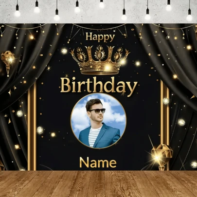 Personlig födelsedagsbanderoll med anpassat familjefoto, ålder - svart och guld, perfekt för verandadekor, inomhus-/utomhusfirande, festbakgrund - lämplig för högtider, födelsedagar, fester - karnevalstema, mångsidig användning