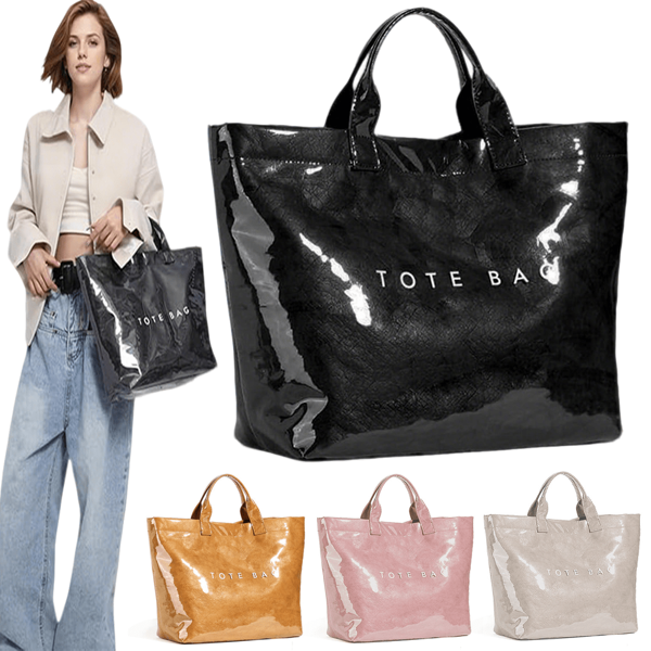 1 pieza Bolso de mano grande de PVC para mujer, impreso con letras, bolsa de papel kraft impermeable para compras (multicolor)