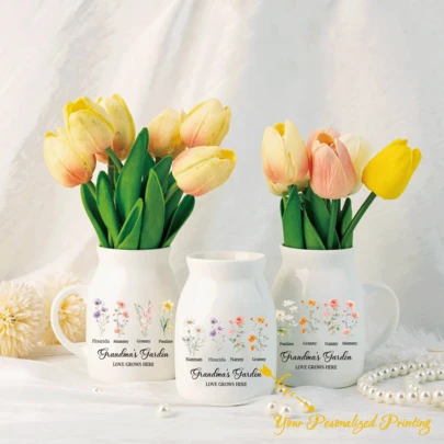 Jarrón "El Jardín de la Abuela", Jarrón de flores con la flor de nacimiento familiar, Jarrón de flores mini personalizado para Mamá Abuela, Regalo del Día de la Madre de los nietos. Regalos de inauguración de la casa, Regalos para ella, Jarrón con flor con nombre, Jarrón de cerámica para ella, Jarrón de cerámica, Regalo para mujeres, Regalo para la abuela, Regalo para la madre, Regalo del Día de la Madre, Regalo de jarrón de flores, Regalo personalizado, Regalo de cumpleaños de mamá, Flor de nacimiento familiar