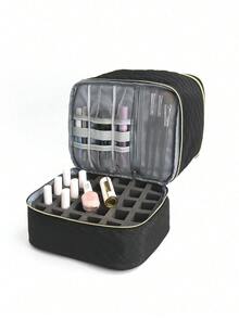 Double Layer Cosmetic Storage Box With Removable Nail Polish Organizer Liner, Large Capacity Makeup Storage Bag, Suitable For Travel, Vanity, Salon And Home Use - Black - View 3