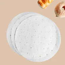 100 pezzi Fogli di carta pergamena forati per vaporiera in bambù, 100% polpa di legno naturale non candeggiata, filtri rotondi impermeabili e antiaderenti, adatti per friggitrice ad aria, forno, microonde - Bianco - Visualizzare 8
