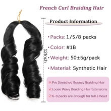 12/16/24 Inch Pre-Stretched French Curly Braiding Hair, 1/3/8 Packs, Lightweight Synthetic Hair Extensions, Natural Black, 1B, Women Fluffy Wavy Braids - Black - View 2