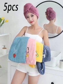 5-Piece Set Of Coral Velvet Cartoon Embroidered Hair Blowing Hats, Women's Bathing Hats With Water Absorbing Triangle Hats, Water Absorbing Hair Blowing Towels, 1 Women's Quick Drying Hair Towel, Highly Absorbent Coral Velvet Women's Hair Towel Set